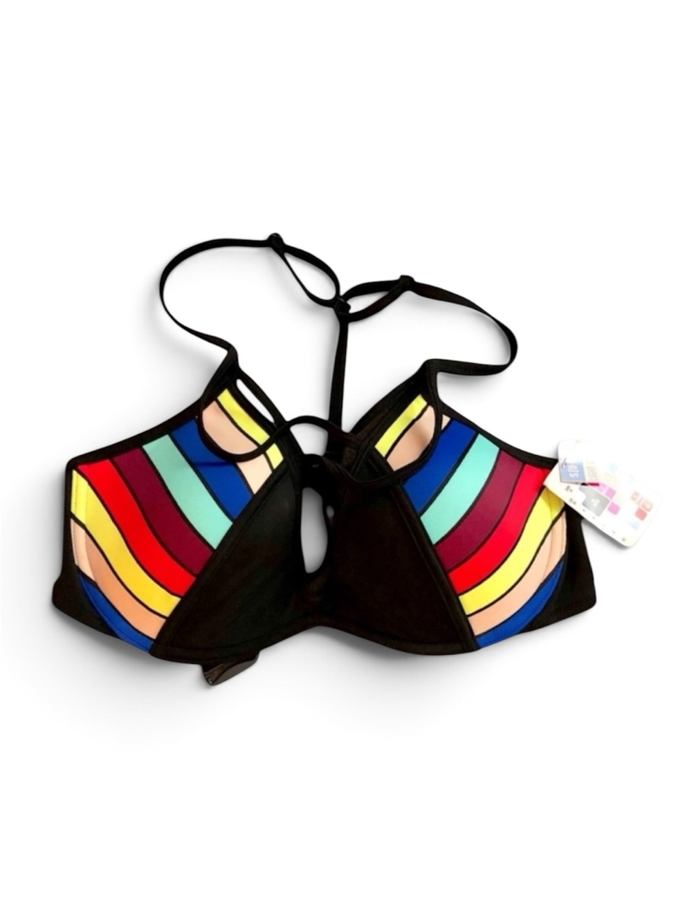 PINK Victoria’s Secret Rainbow Stripe Bikini Top Black Straps | S | NWT